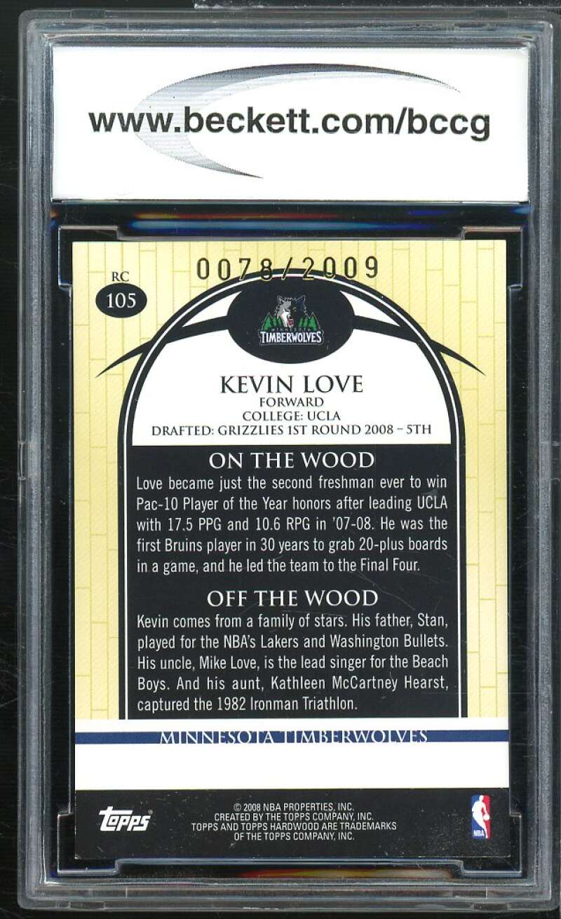 Kevin Love Rookie Card 2008-09 Topps Hardwood #105 BGS BCCG 10 Image 2