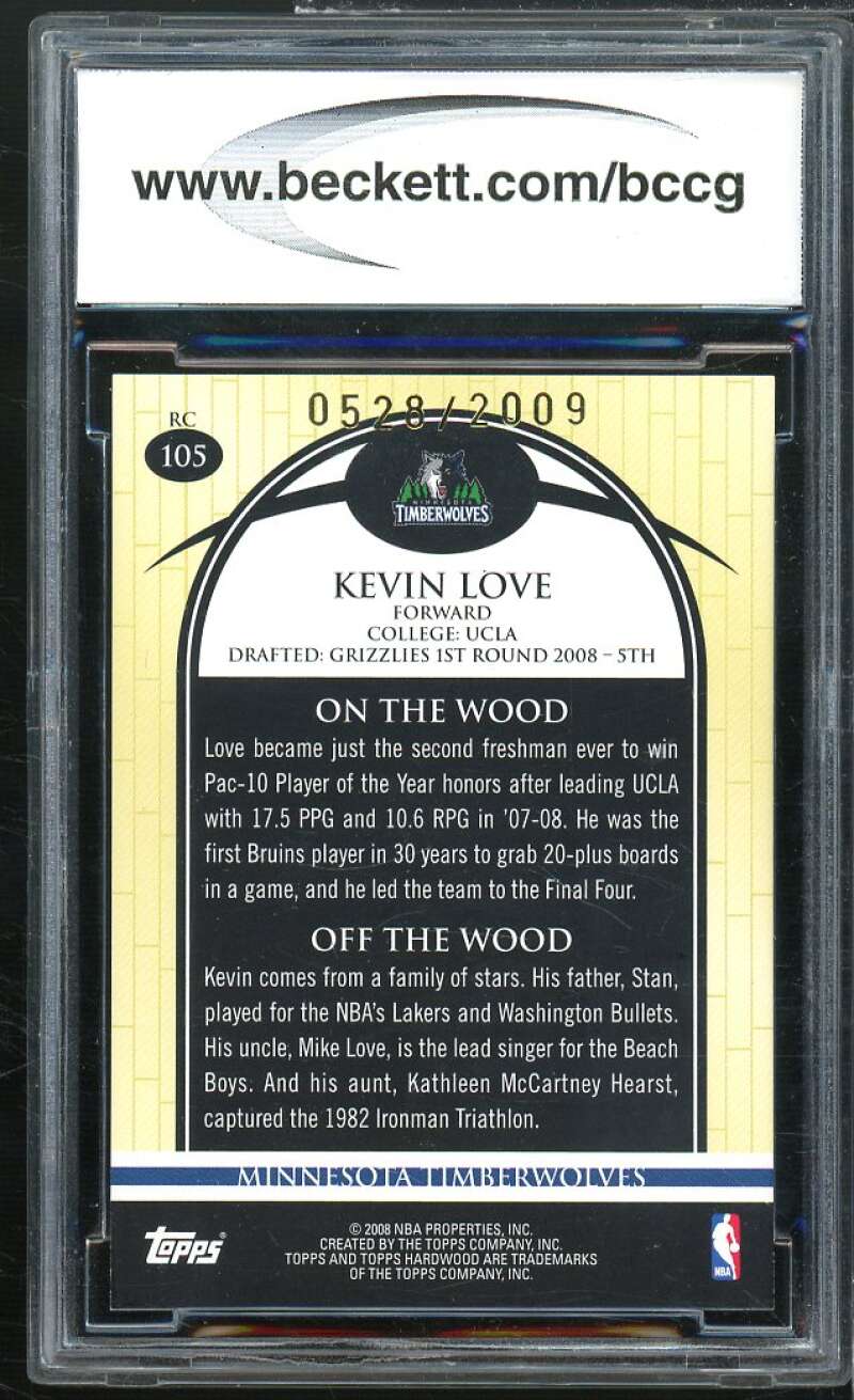 Kevin Love Rookie Card 2008-09 Topps Hardwood #105B BGS BCCG 10 Image 2