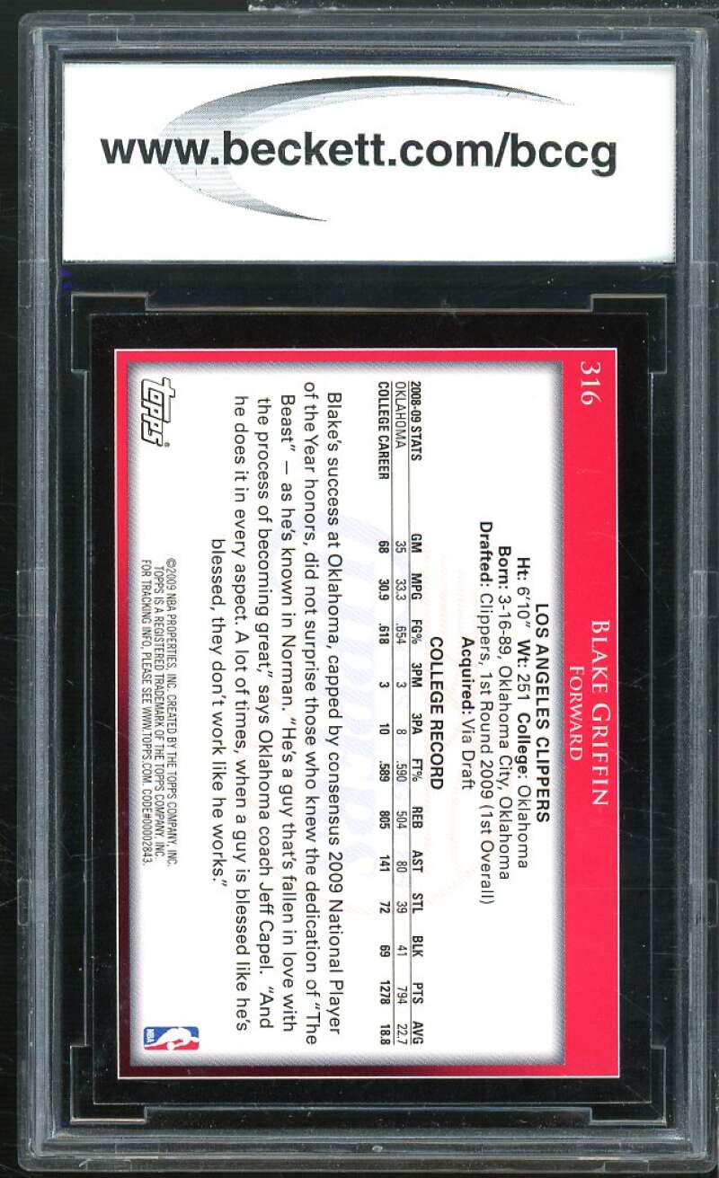 Blake Griffin Rookie Card 2009-10 Topps #316 BGS BCCG 10 Image 2