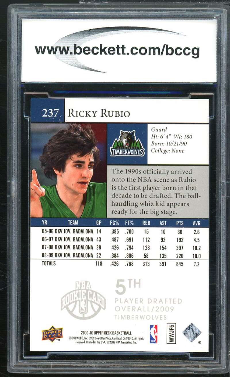 Ricky Rubio Rookie Card 2009-10 Upper Deck #237 BGS BCCG 10 Image 2