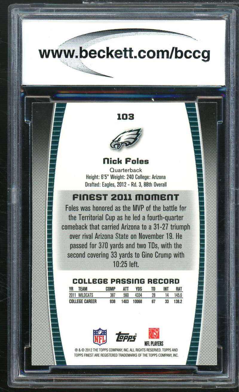 Nick Foles Rookie Card 2012 Finest #103 BGS BCCG 10 Image 2