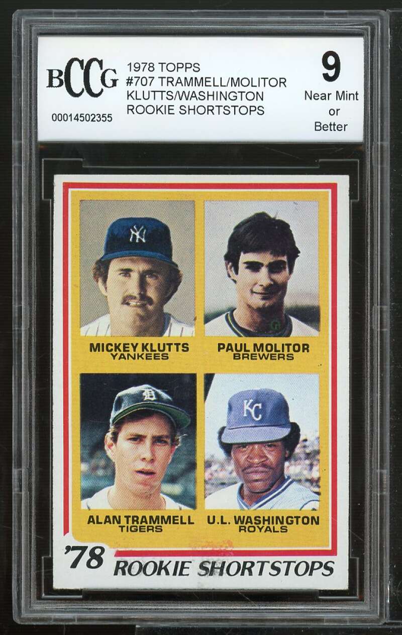 1978 Topps #707 Paul Molitor Alan Trammell Rookie Card BGS BCCG 9 Near Mint+ Image 1