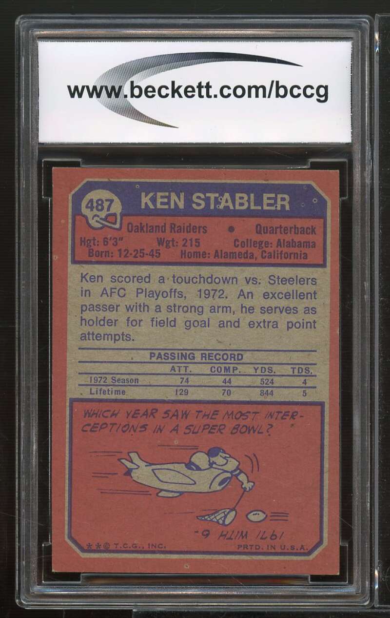 1973 Topps #487 Ken Stabler Rookie Card BGS BCCG 9 Near Mint+ Image 2