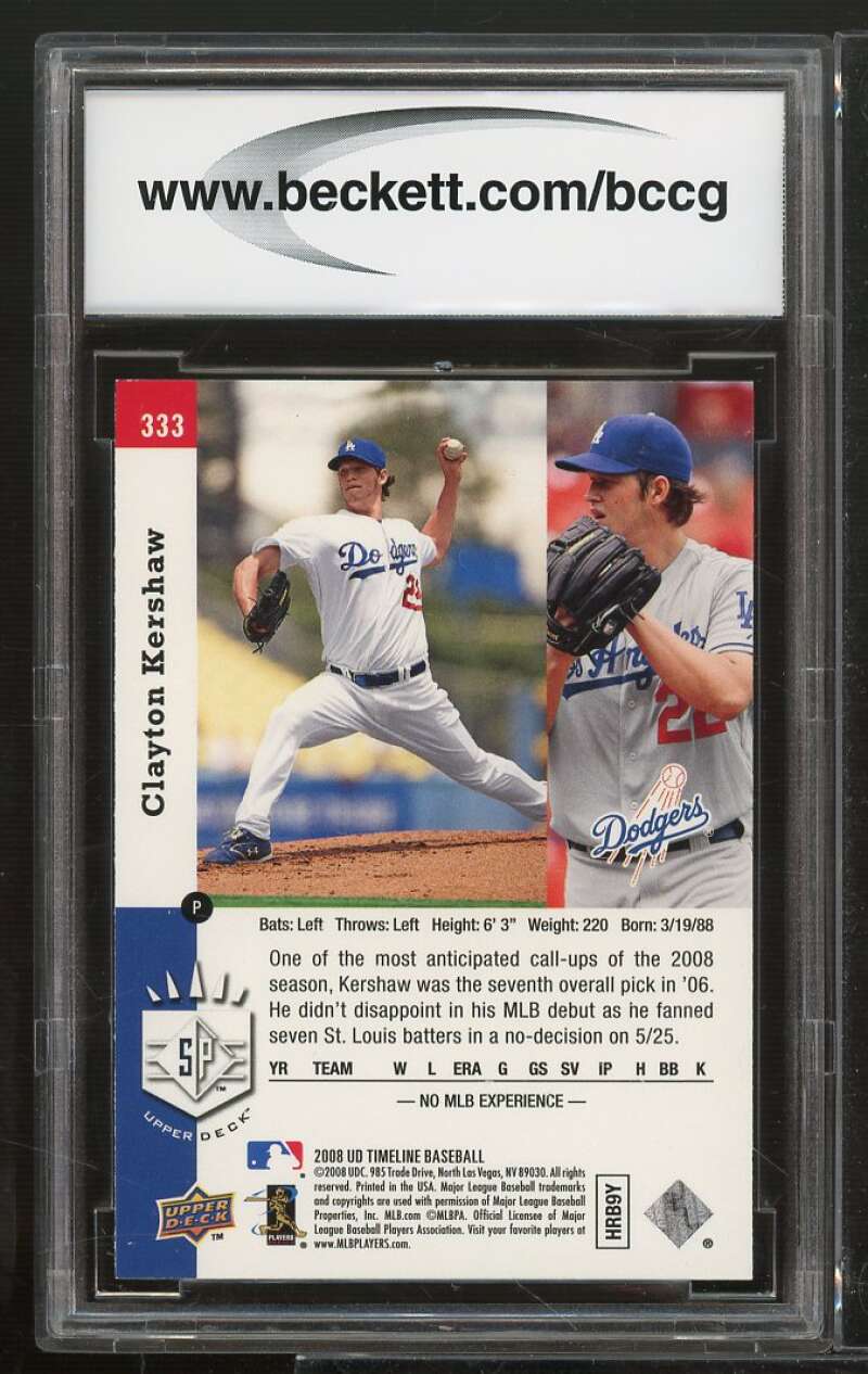 2008 Upper Deck Timeline #333 Clayton Kershaw Rookie Card BGS BCCG 10 Mint+ Image 2