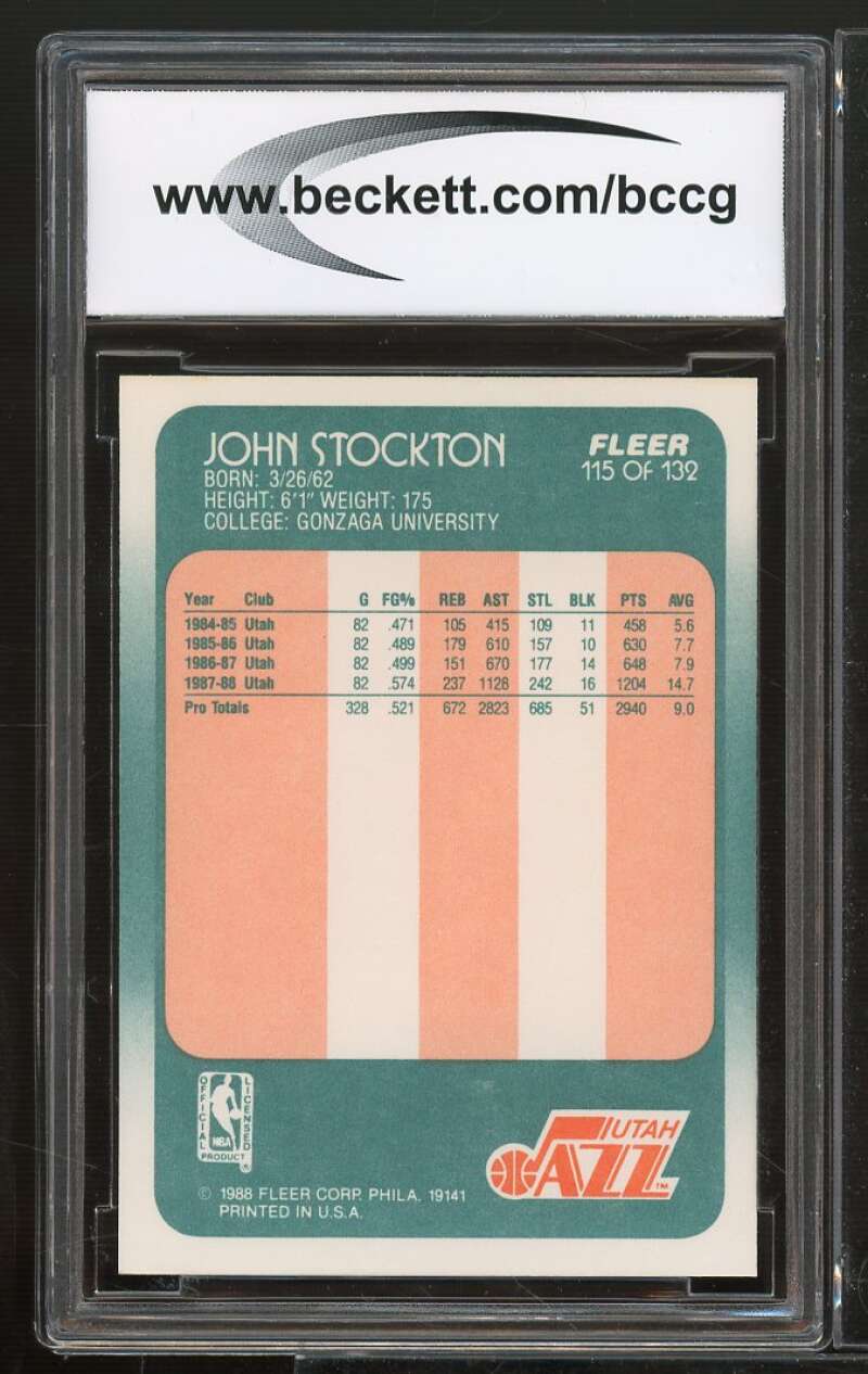 1988-89 Fleer #115 John Stockton Rookie Card BGS BCCG 10 Mint+ Image 2