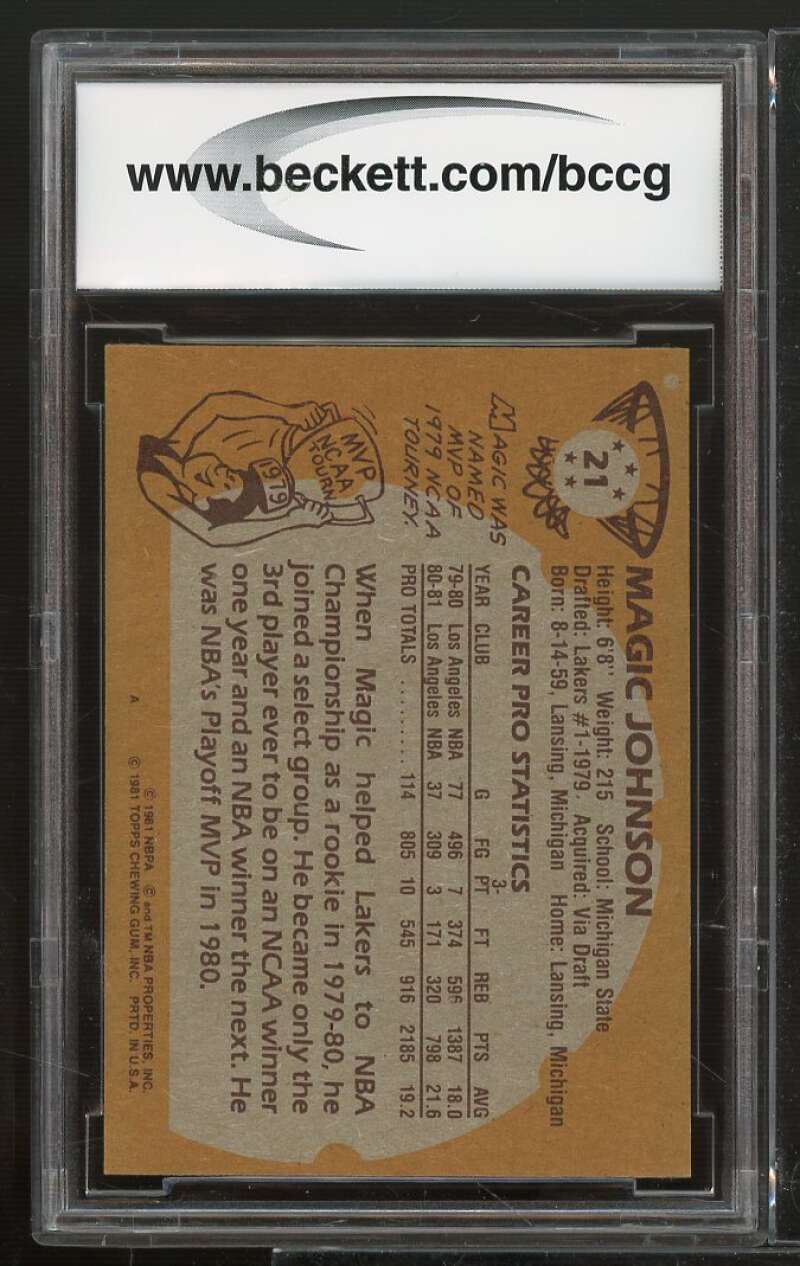 1981-82 Topps #21 Magic Johnson Card BGS BCCG 9 Near Mint+ Image 2
