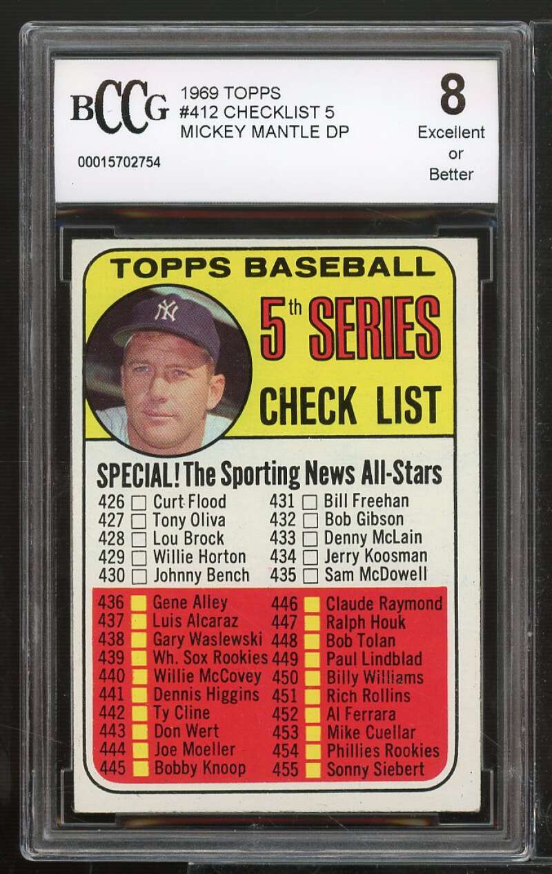 1969 Topps #412 Checklist 426-512 - Mickey Mantle Card BGS BCCG 8 Excellent+ Image 1