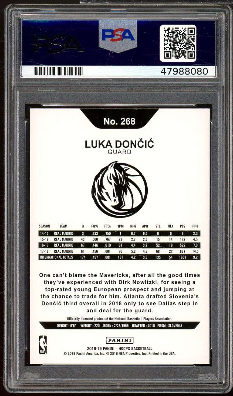 Luka Doncic Rookie Card 2018-19 Panini Hoops Blue #268 PSA 9 Image 2