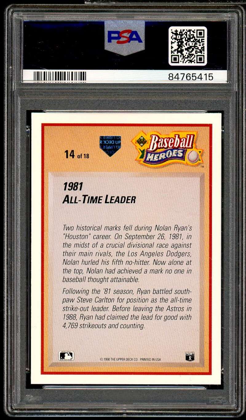 Nolan Ryan Card 1991 Upper Deck Heroes 1981 All Time Leader #14 PSA 8 Image 2