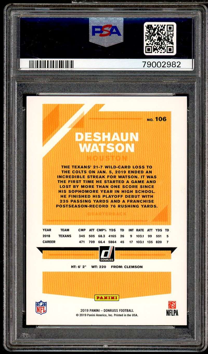 Deshaun Watson Card 2019 Donruss #106 PSA 10 Image 2