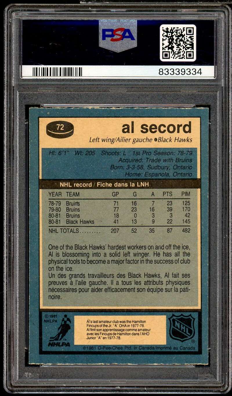 Al Secord Card 1981-82 O-Pee-Chee #72 PSA 7 Image 2