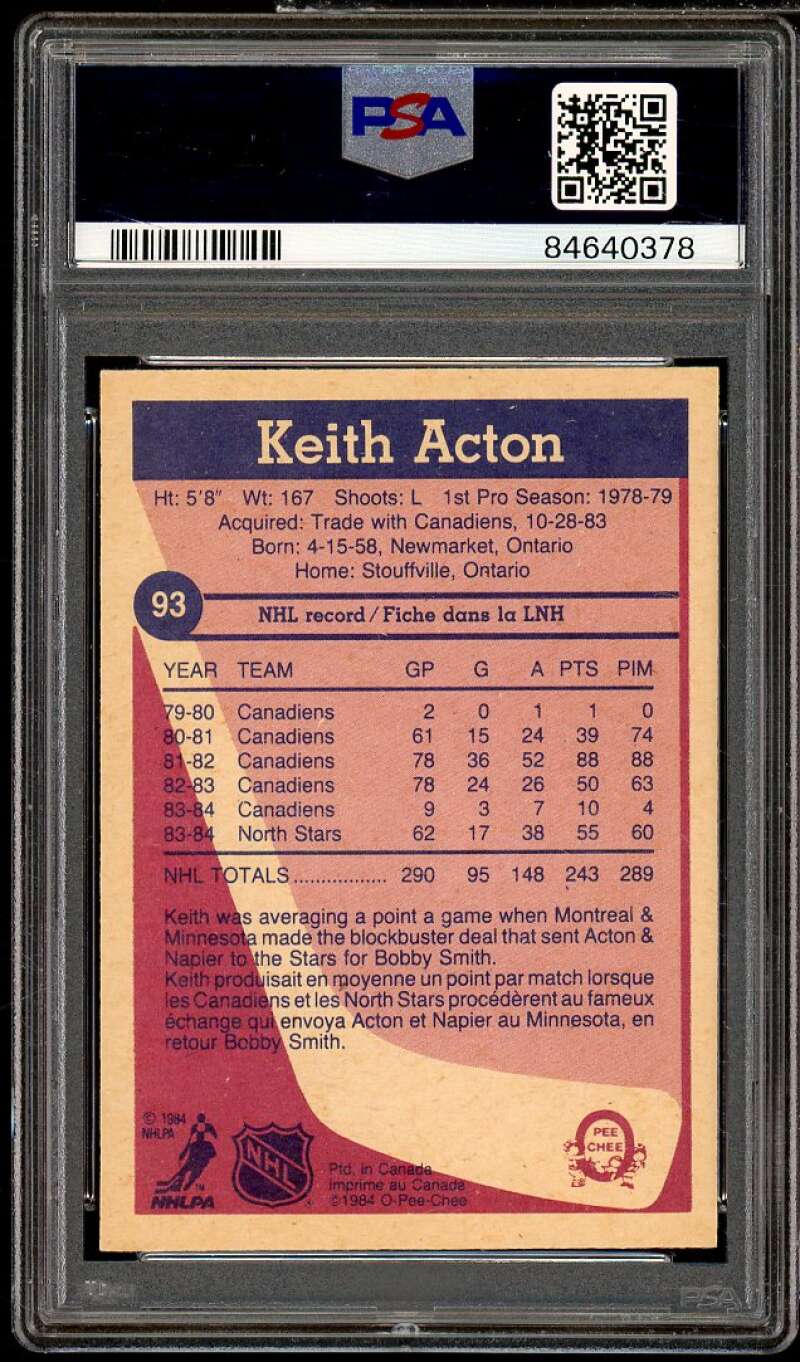 Keith Acton Card 1984-85 O-Pee-Chee #93 PSA 8 Image 2