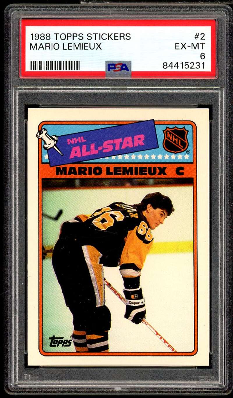 Mario Lemieux Card 1988-89 Topps Stickers #2 PSA 6 Image 1