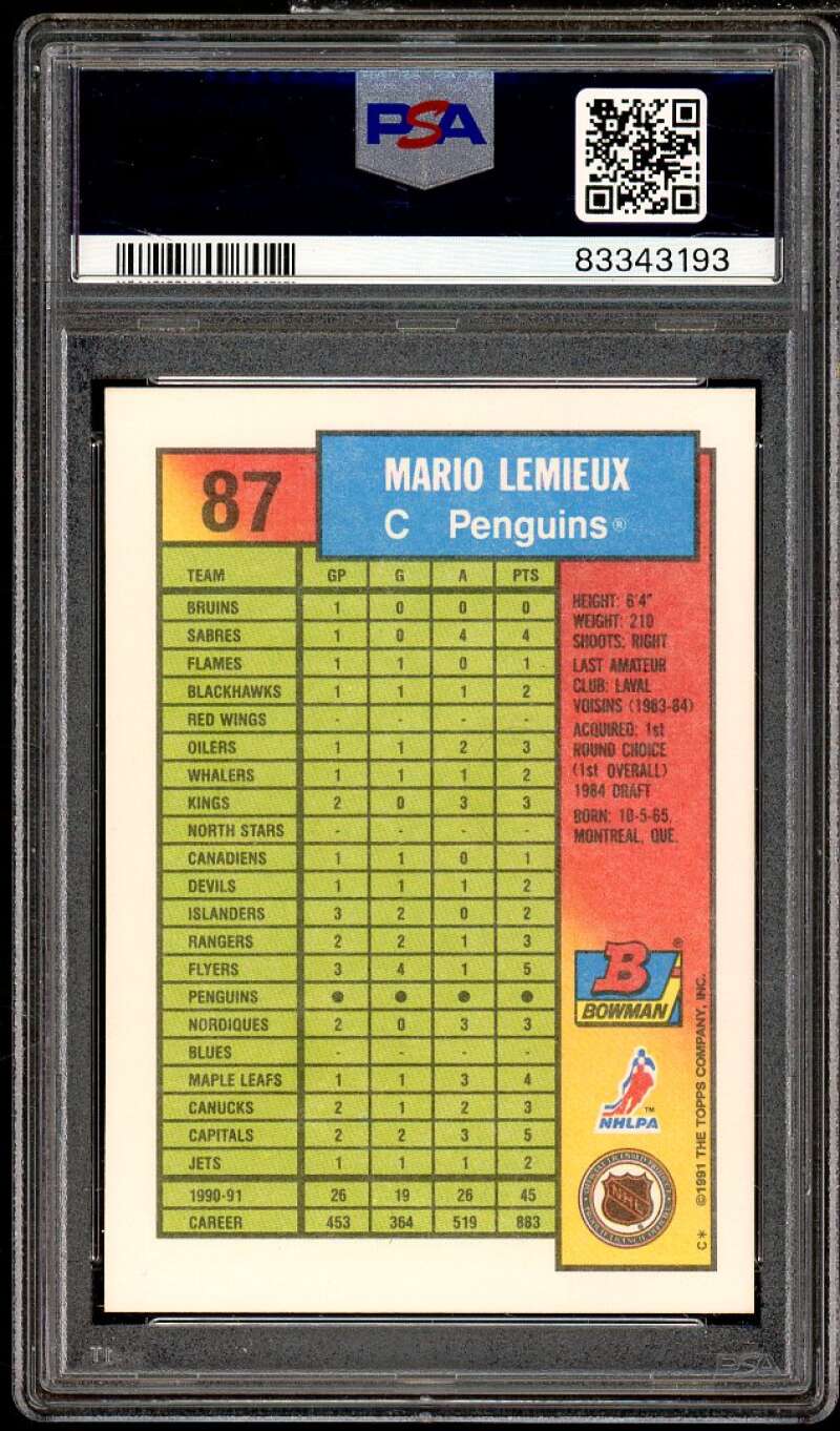 Mario Lemieux Card 1991-92 Bowman #87 PSA 8 Image 2