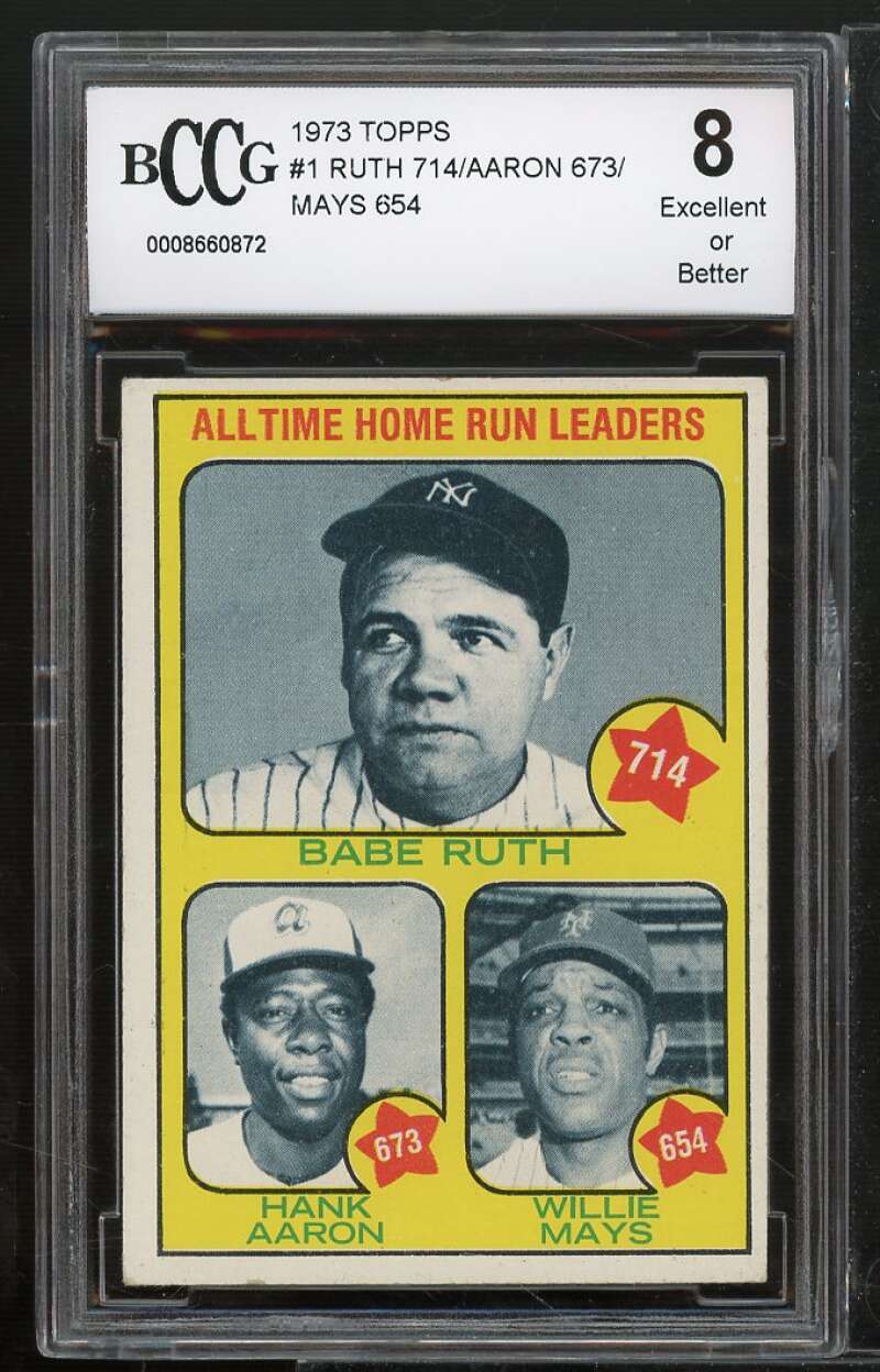 1973 Topps #1 Babe Ruth / Hank Aaron / Willie Mays Card BGS BCCG 8 Excellent+ Image 1