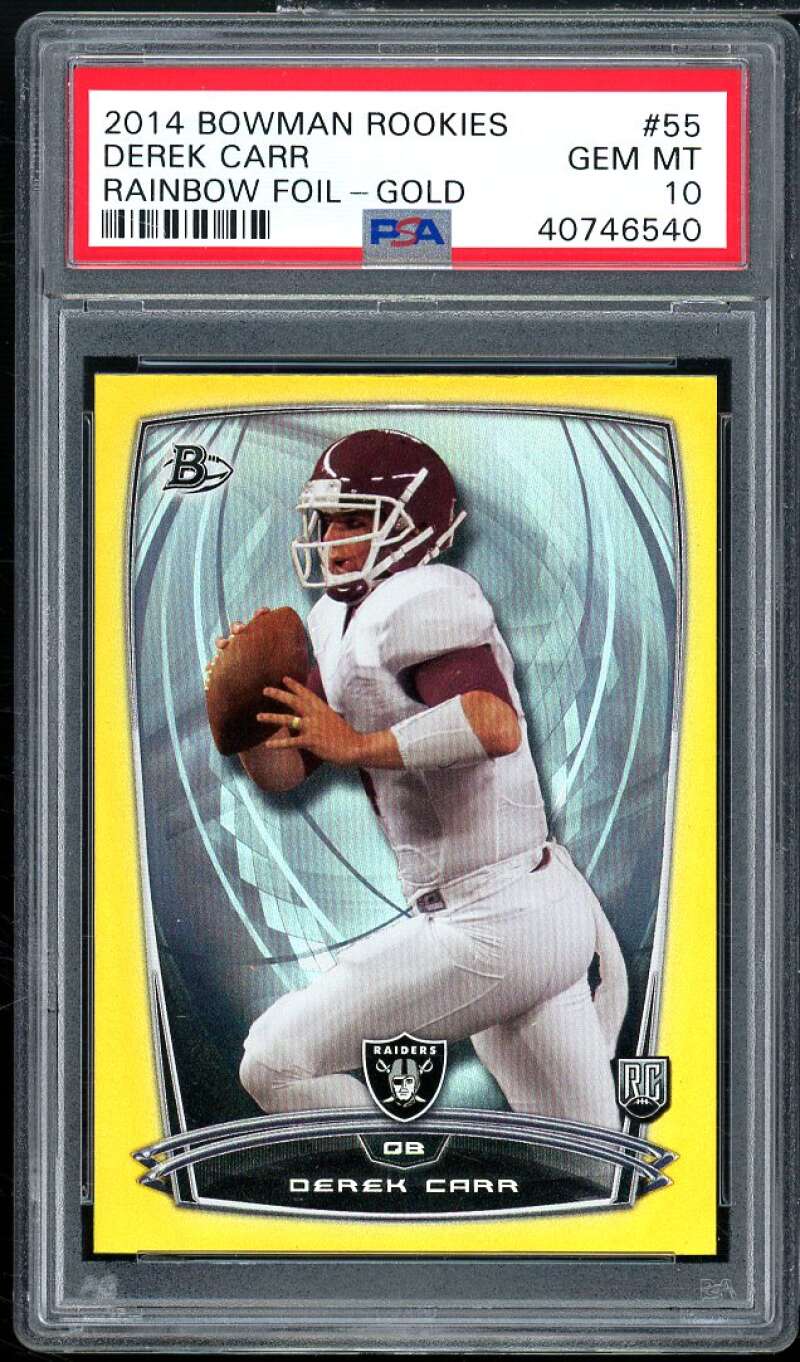 Derek Carr Rookie Card 2014 Bowman Rookies Rainbow Foil Gold #55 PSA 10 Image 1