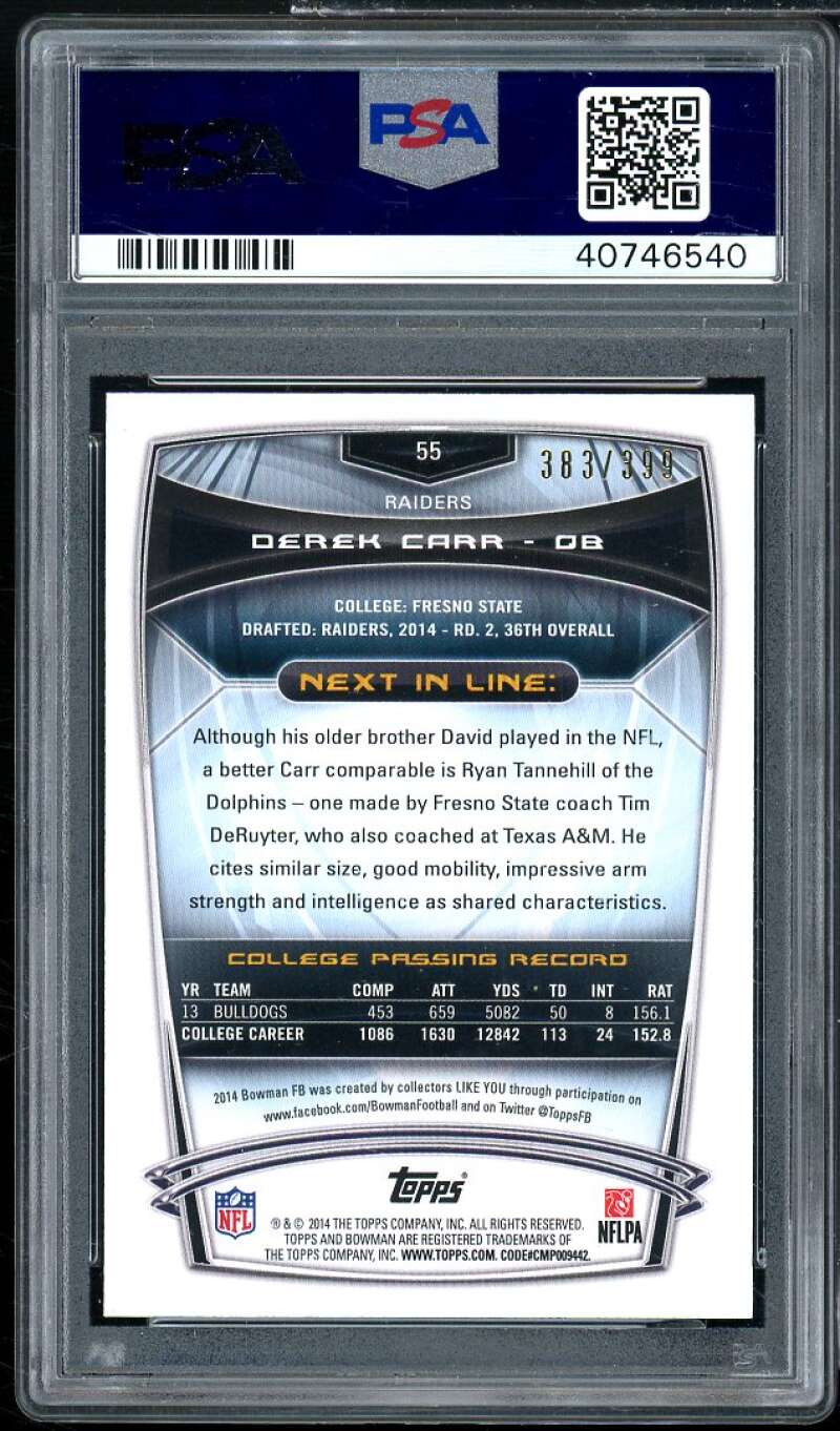 Derek Carr Rookie Card 2014 Bowman Rookies Rainbow Foil Gold #55 PSA 10 Image 2