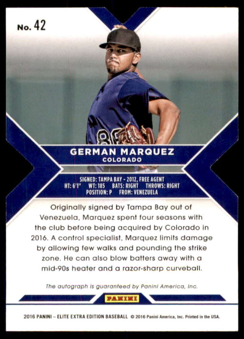 German Marquez Rookie 2016 Elite Extra Edition Autograph Status Red Die Cut #42  Image 2