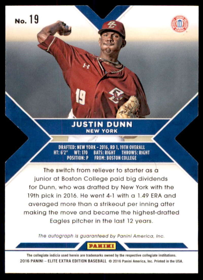 Justin Dunn Rookie 2016 Elite Extra Edition Autographs Status Red Die Cut #19  Image 2