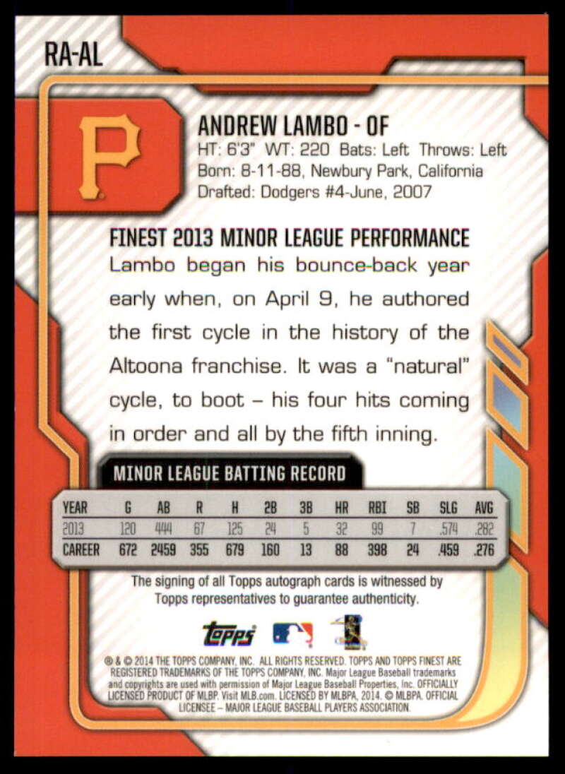 Andrew Lambo Rookie Card 2014 Finest Rookie Autographs Refractors #RAAL  Image 2
