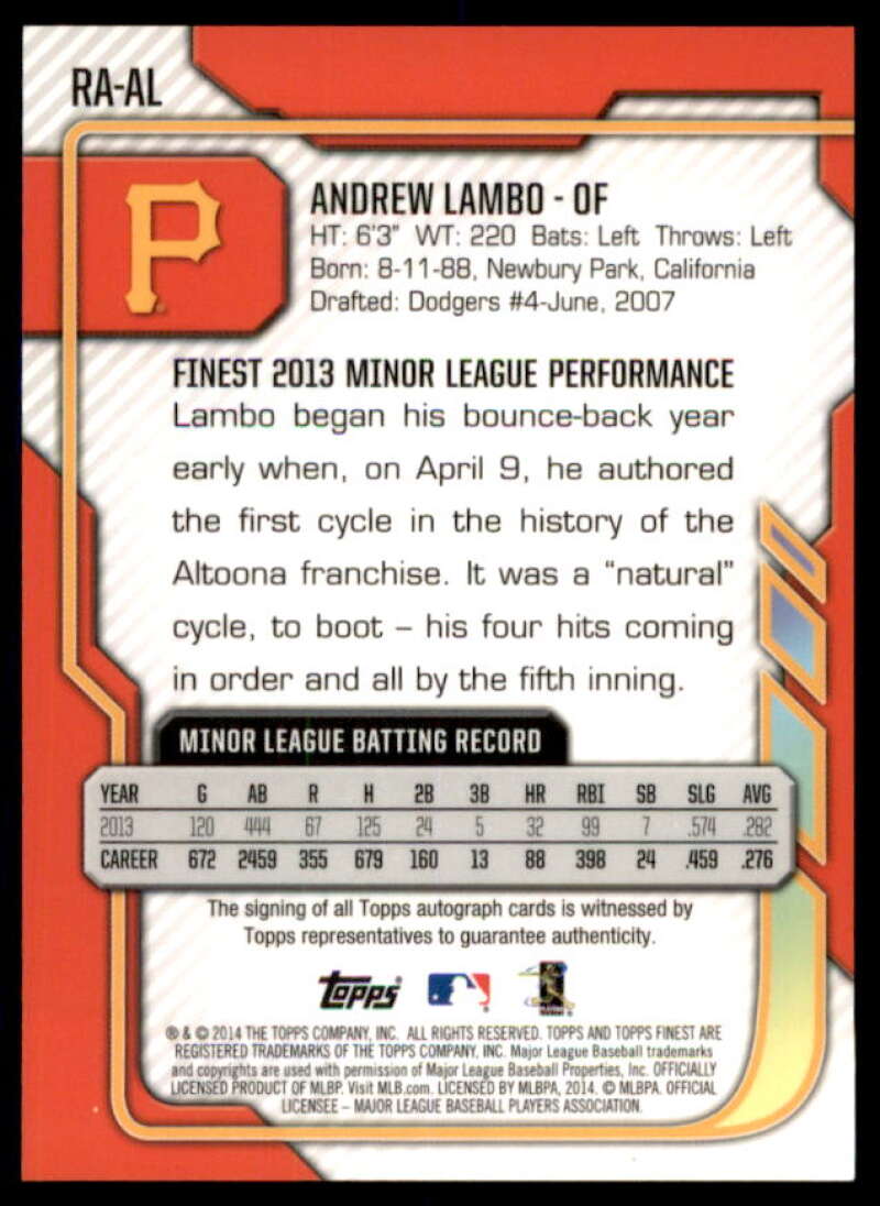 Andrew Lambo Rookie Card 2014 Finest Rookie Autographs Refractors #RAAL  Image 2