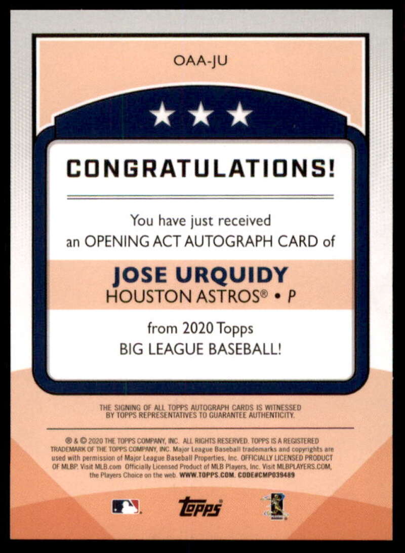 Jose Urquidy Rookie Card 2020 Topps Big League Opening Act Autographs #OAAJU  Image 2