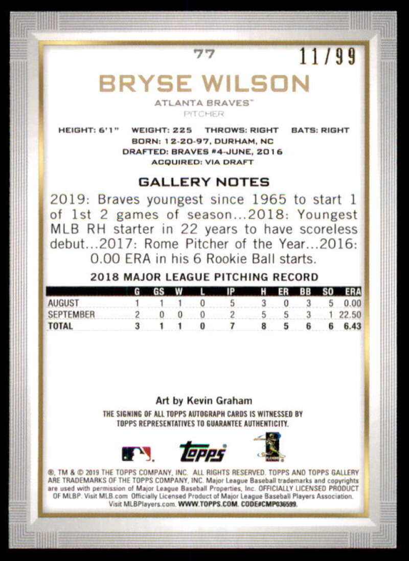 Bryse Wilson Rookie Card 2019 Topps Gallery Autographs Green #77  Image 2