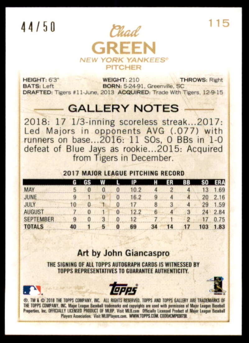 Chad Green Rookie Card 2018 Topps Gallery Autographs Blue #115  Image 2