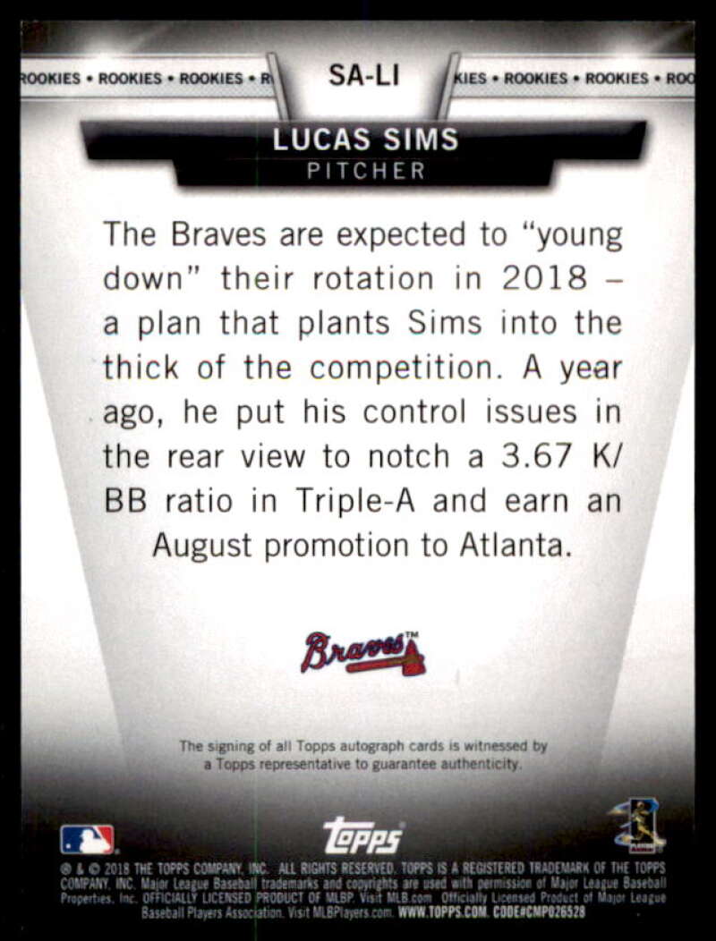 Lucas Sims Rookie Card 2018 Topps Salute Autographs #SALI  Image 2