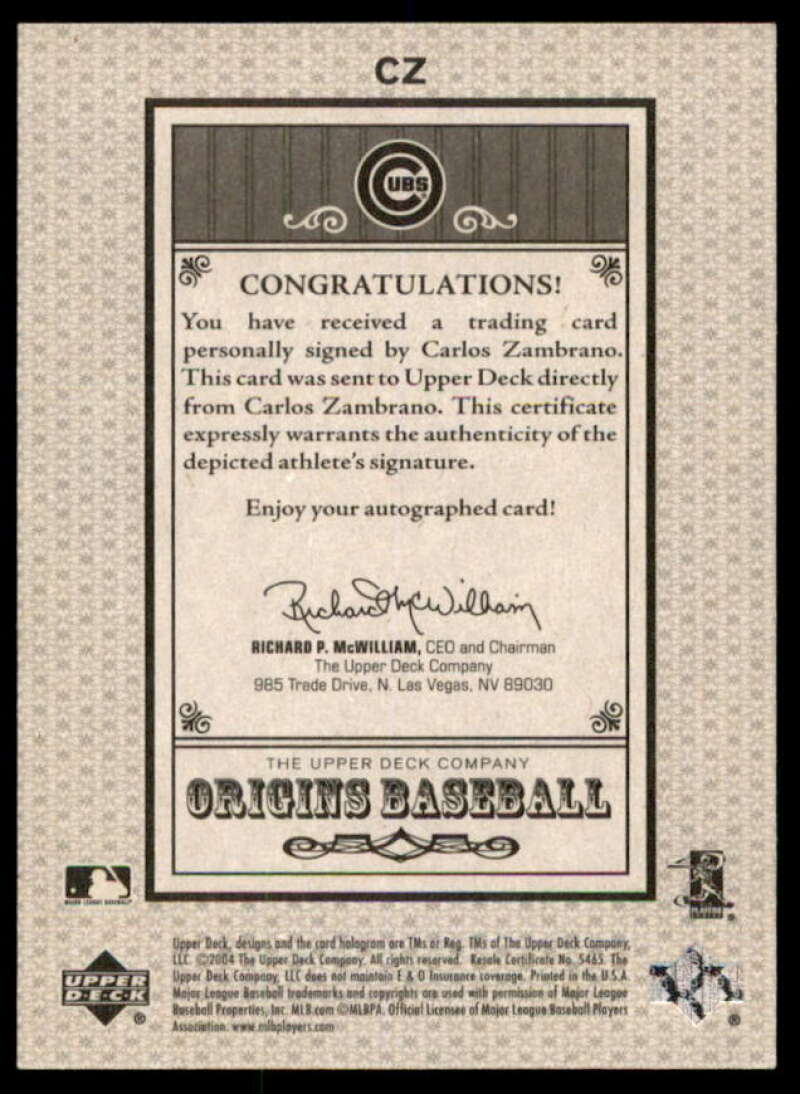 Carlos Zambrano Card 2005 Origins Old Judge Autographs #CZ  Image 2