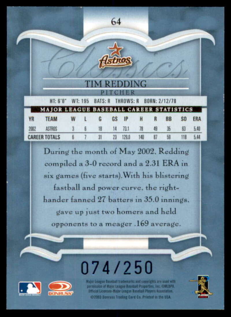 Tim Redding Rookie Card 2003 Donruss Classics Significant Signatures #64  Image 2