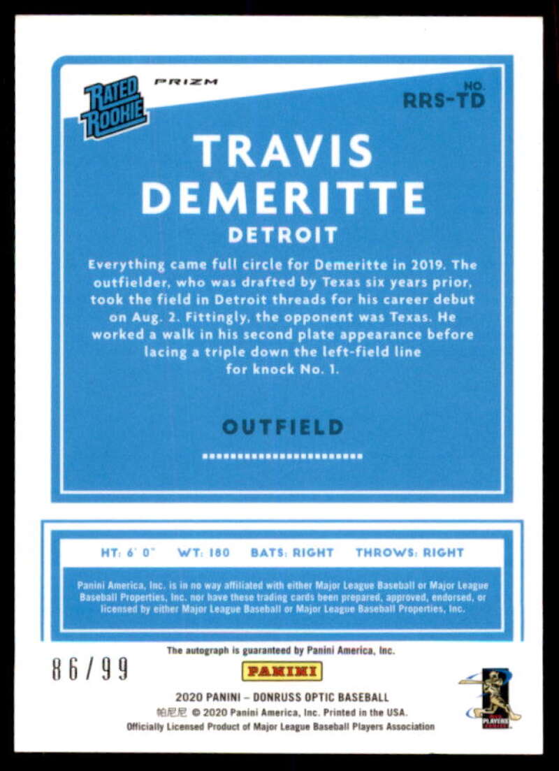 Travis Demeritte Rookie 2020 Donruss Optic Rated Rookie Signature Blue Mojo #54  Image 2