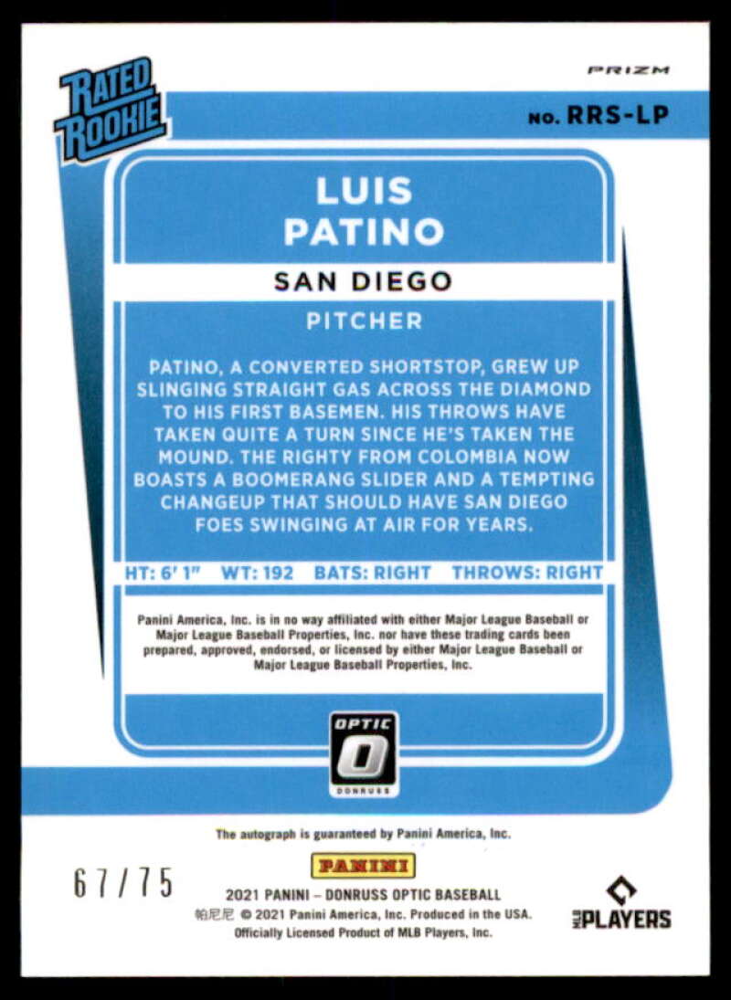 Luis Patino Rookie Card 2021 Donruss Optic Rated Rookies Signatures Blue #15  Image 2