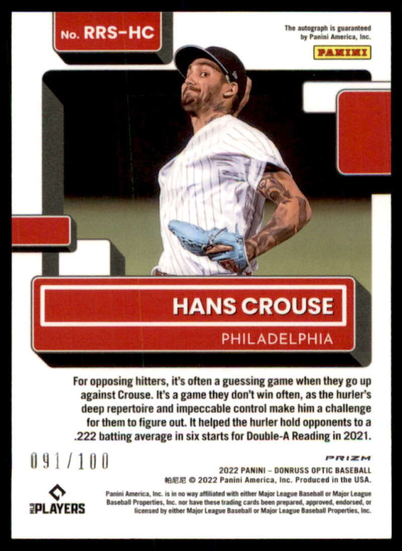 Hans Crouse Rookie Card 2022 Donruss Optic Rated Rookies Signatures Purple #37  Image 2