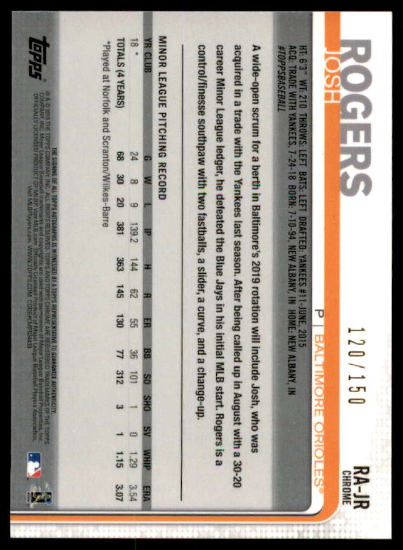 Josh Rogers Rookie 2019 Topps Chrome Rookie Autographs Blue Refractors #RAJR  Image 2