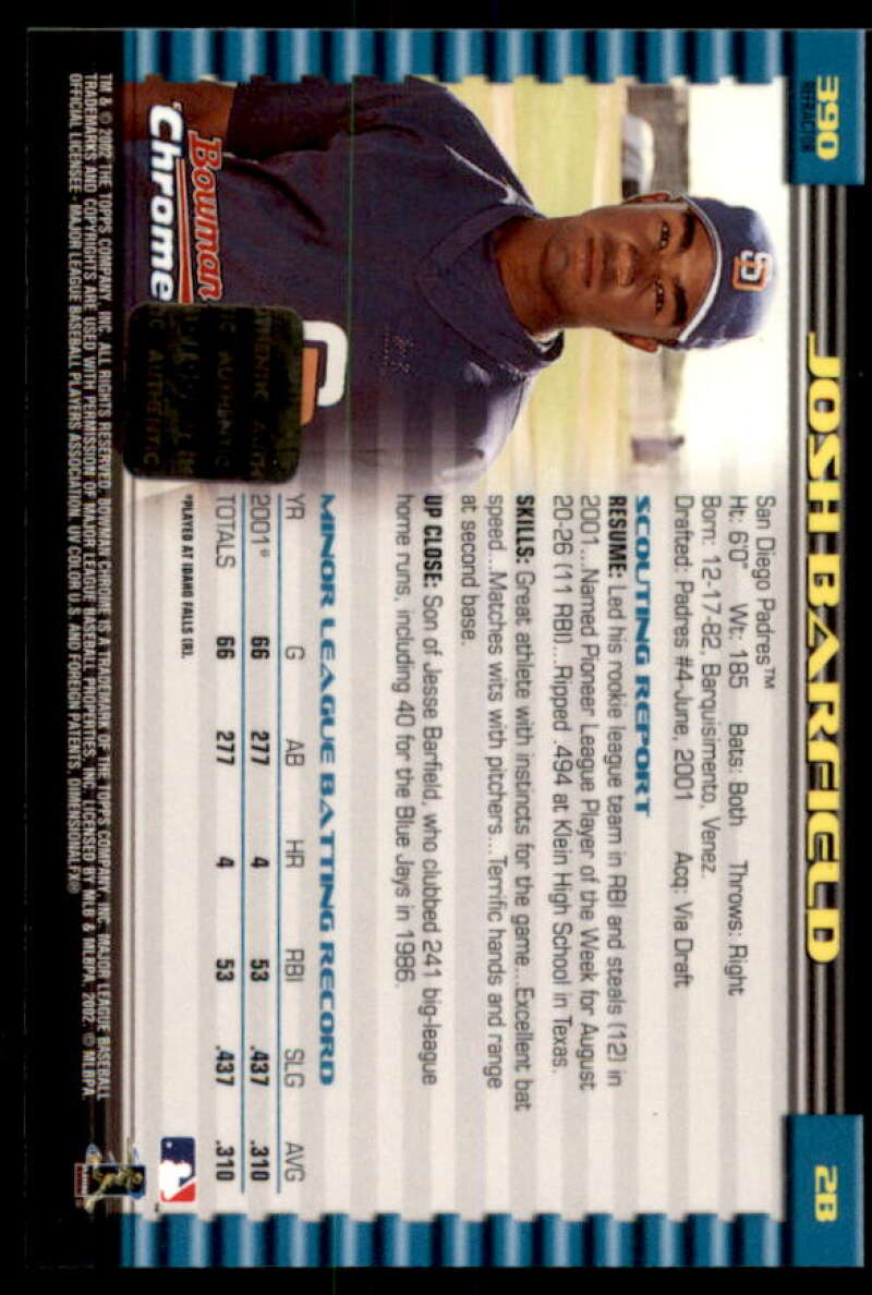 Josh Barfield AU Rookie Card 2002 Bowman Chrome Refractors #390  Image 2