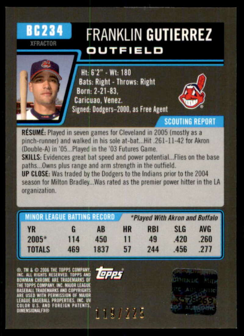 Franklin Gutierrez AU Rookie 2006 Bowman Chrome Prospects X-Fractors #BC234  Image 2