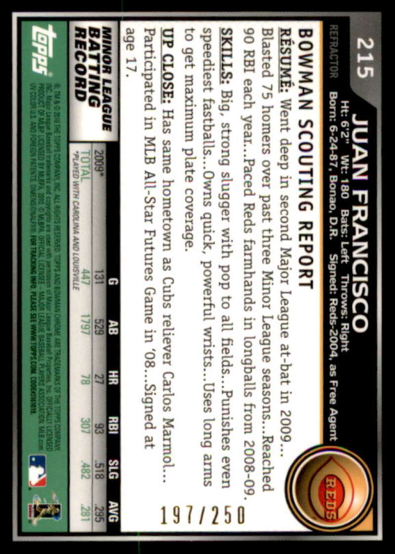 Juan Francisco AU Rookie Card 2010 Bowman Chrome Blue Refractors #215A  Image 2