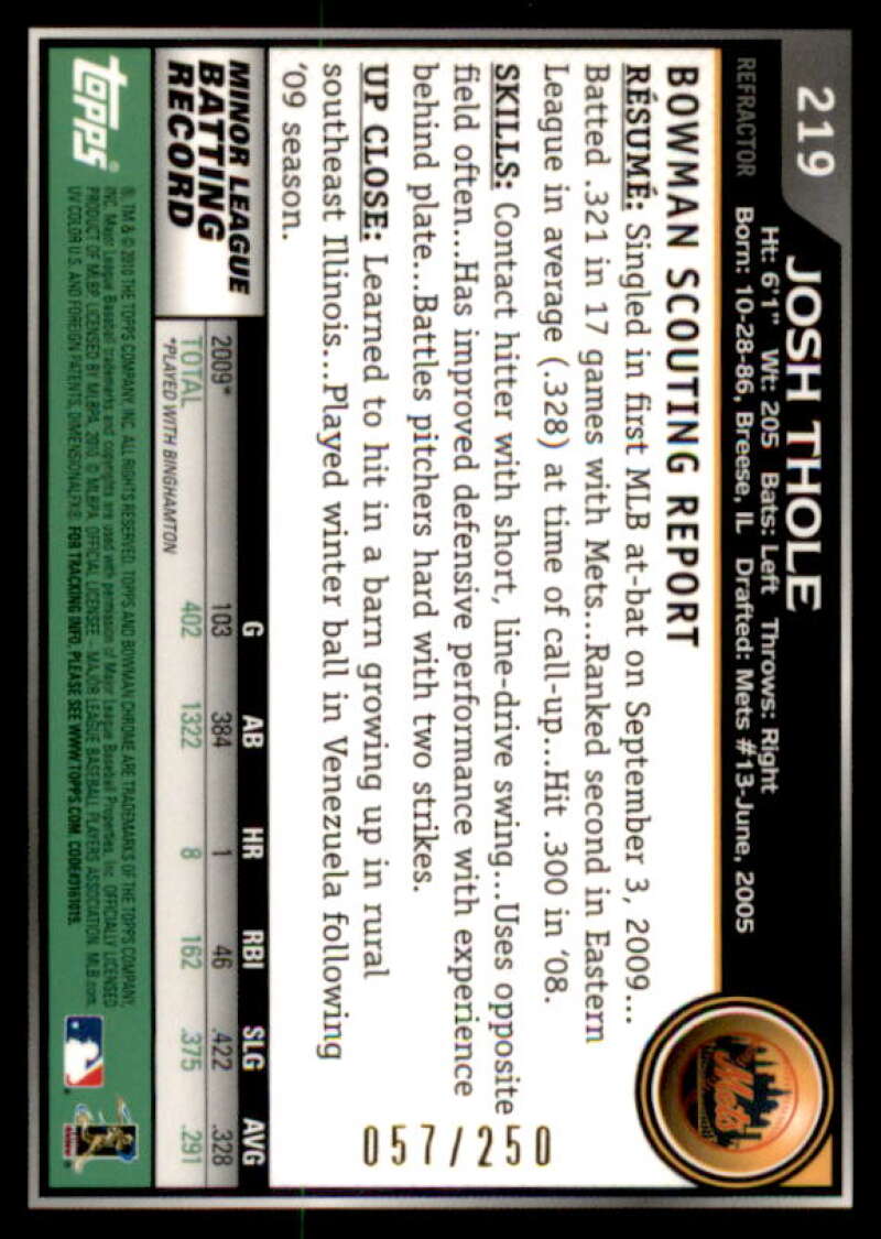 Josh Thole AU Rookie Card 2010 Bowman Chrome Blue Refractors #219A  Image 2