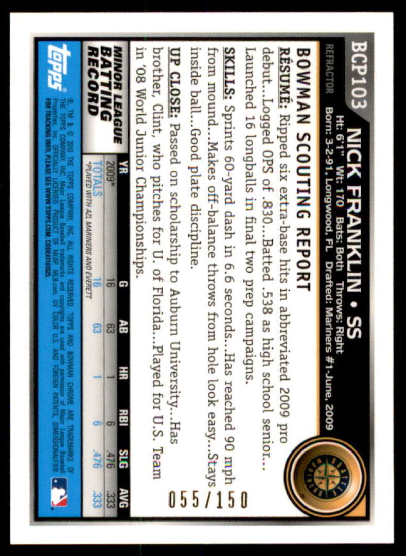 Nick Franklin AU Rookie 2010 Bowman Chrome Prospects Blue Refractors #BCP103B  Image 2