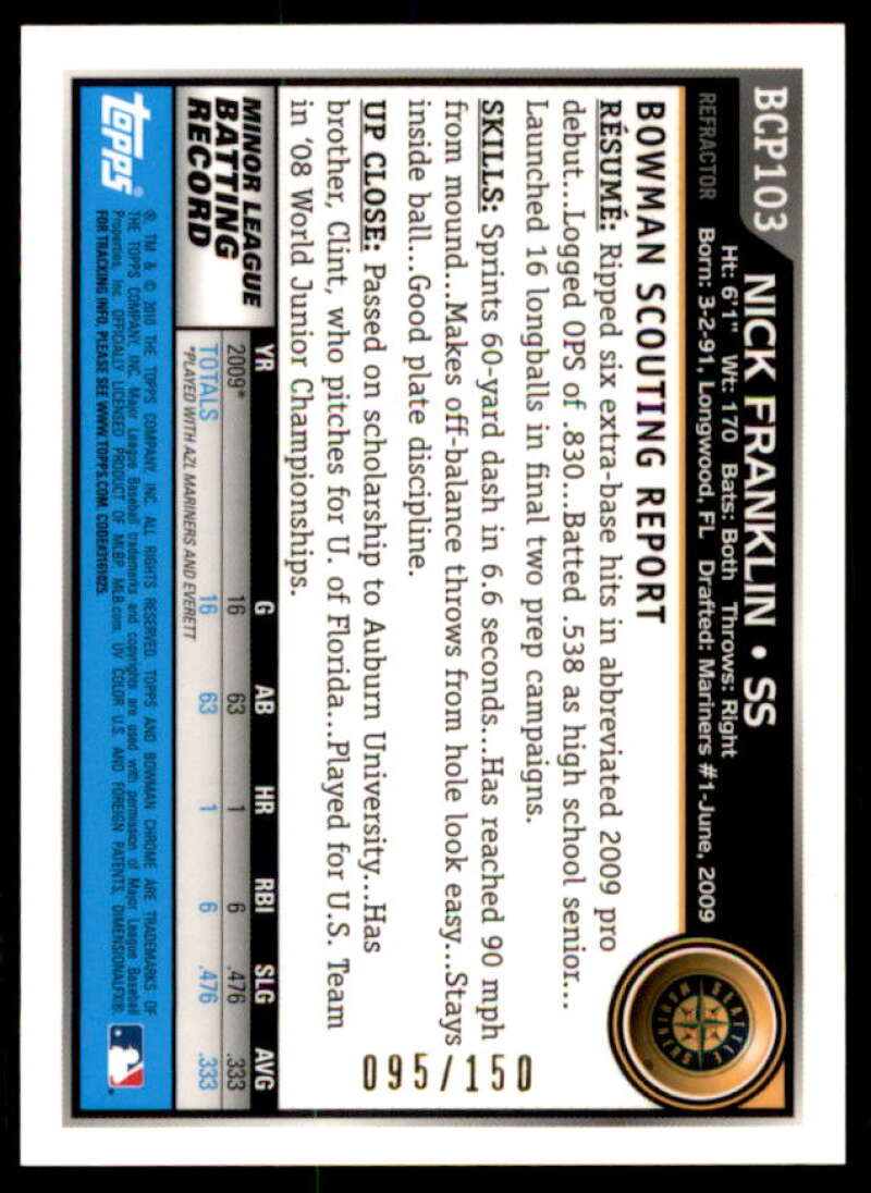 Nick Franklin AU Rookie 2010 Bowman Chrome Prospects Blue Refractors #BCP103B  Image 2