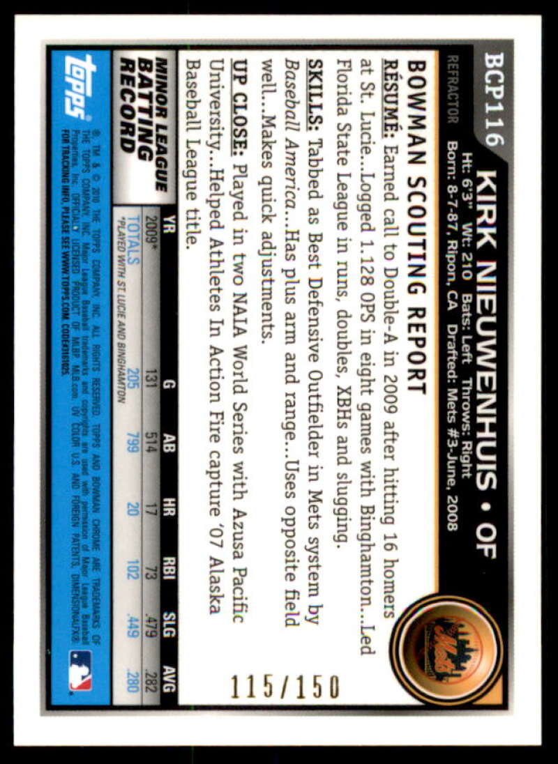 Kirk Nieuwenhuis AU Rookie 2010 Bowman Chrome Prospects Refractors #BCP116B  Image 2