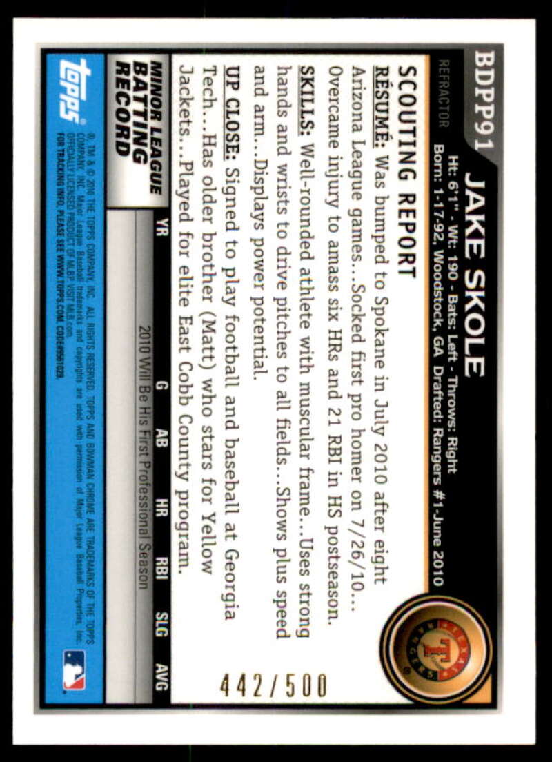 Jake Skole Rookie 2010 Bowman Chrome Draft Prospect AU Refractors #BDPP91  Image 2