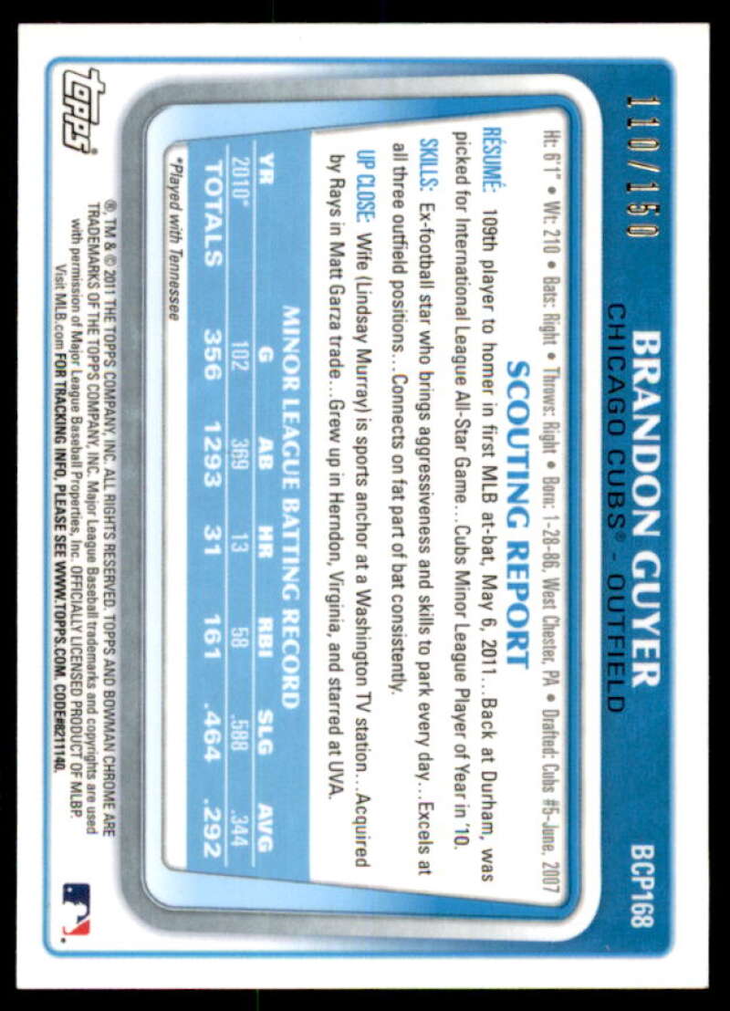 Brandon Guyer Rookie 2011 Bowman Chrome Prospect AU Blue Refractors #BCP168  Image 2