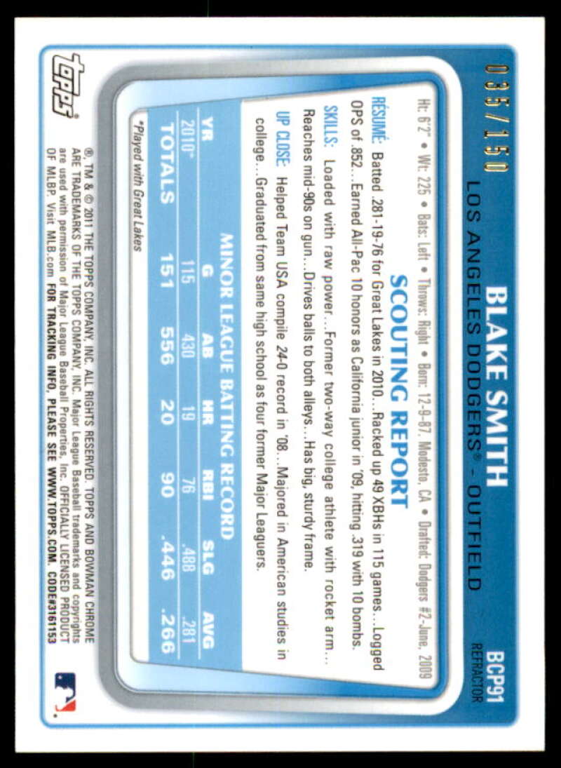 Blake Smith Rookie 2011 Bowman Chrome Prospect Autograph Blue Refractors #BCP91  Image 2