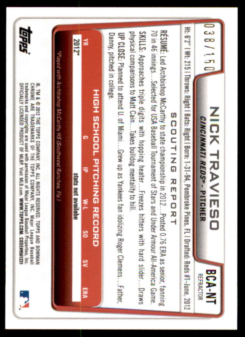 Nick Travieso Rookie 2012 Bowman Chrome Draft Draft Pick AU Blue Refractors #NT  Image 2