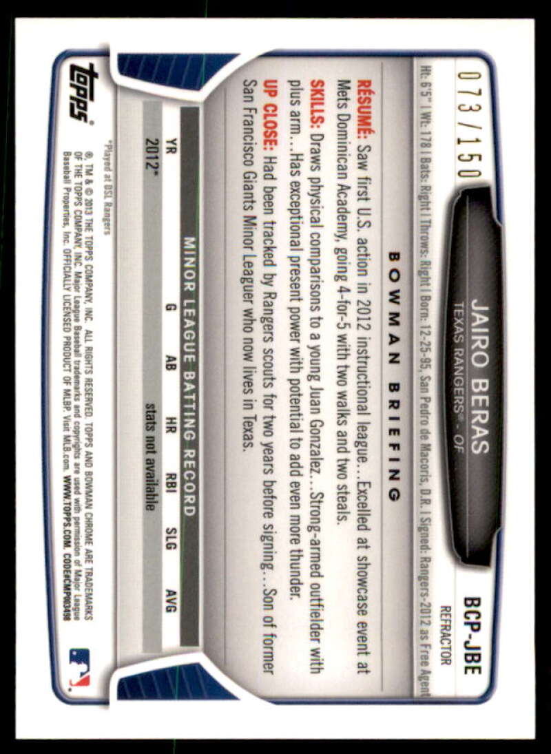 Jairo Beras Rookie 2013 Bowman Chrome Prospect Autographs Blue Refractors #JBE  Image 2