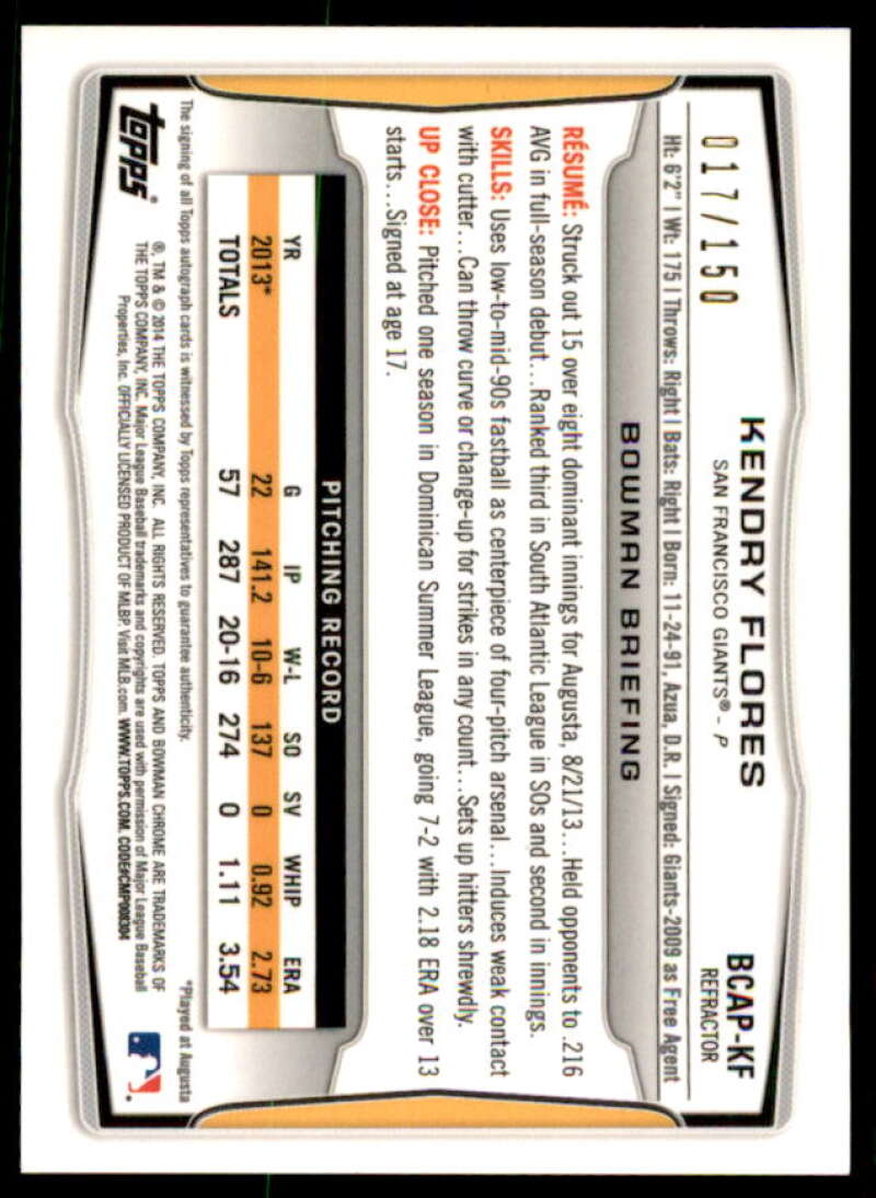 Kendry Flores Rookie 2014 Bowman Chrome Prospect AU Blue Refractors #BCAPKF  Image 2