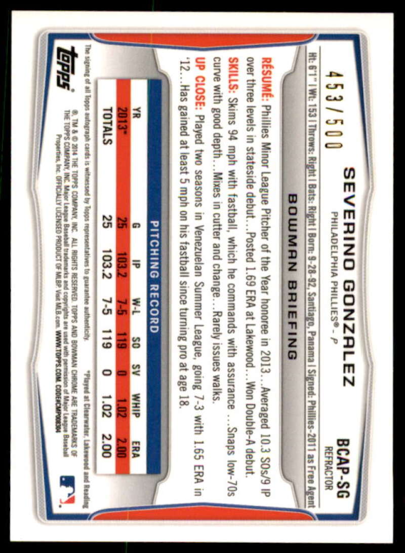 Severino Gonzalez Rookie 2014 Bowman Chrome Prospect AU Refractors #BCAPSG  Image 2