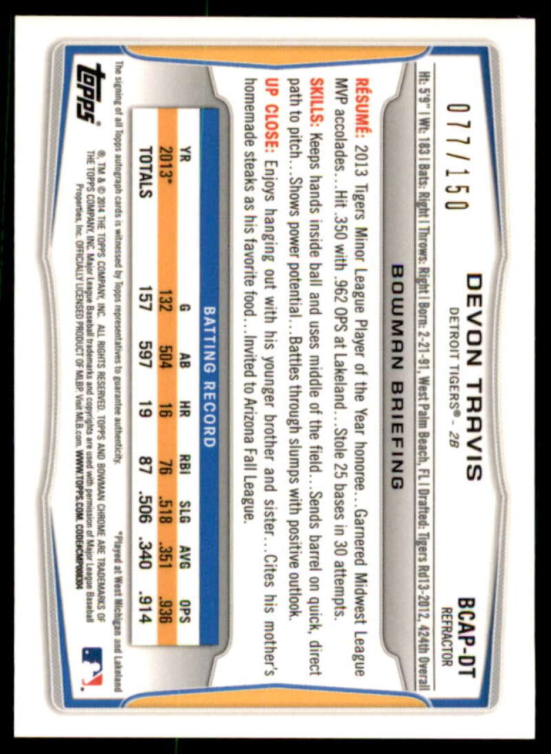 Devon Travis Rookie 2014 Bowman Chrome Prospect AU Blue Refractors #BCAPDT  Image 2